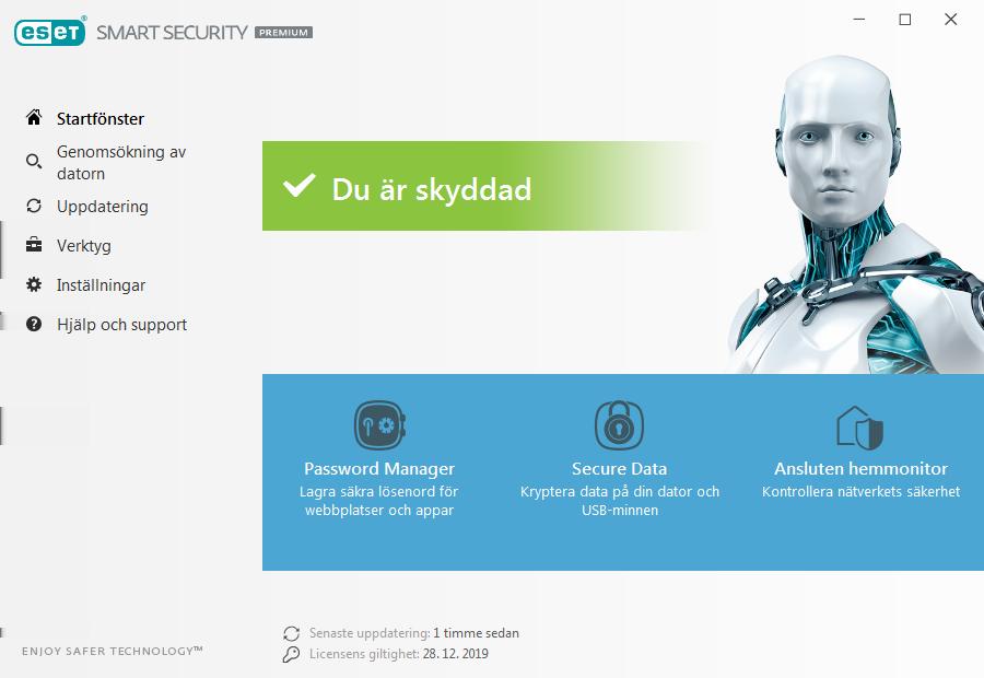 Skärmen Hem innehåller viktig information om datorns aktuella skyddsnivå. Statusfönstret visar ofta använda funktioner i ESET Smart Security Premium.