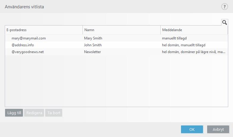 undantagslistan. Svartlista/Vitlista/Undantagslista ESET Smart Security Premium gör det möjligt att klassiﬁcera e-postadresser i speciella listor för att tillhandahålla skydd mot oönskad e-post.