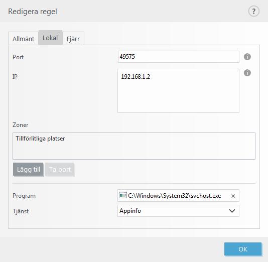 Obs! Tänk på att fördeﬁnierade regler kan modiﬁeras på ett begränsat sätt. Brandväggsregel lokal Ange namnet på det lokala programmet och den lokala port eller portar som regeln gäller för.