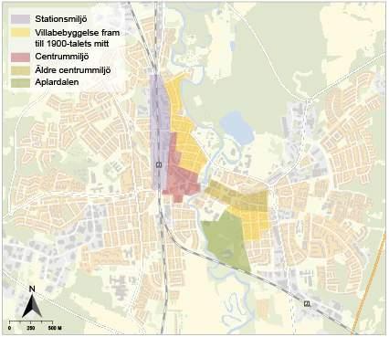 Kartan visar bebyggelsestrukturer för Värnamo. Mot söder och öster löses stadskaraktären upp utan tydlig avgränsning för staden.