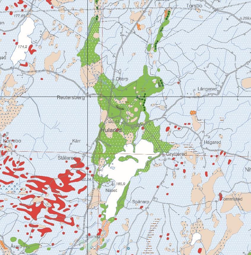 repo001.docx 2012-03-29 Figur 2: Jordartskarta över området runt Hulared. SGU 3.2 Hydrogeologi Brunnen tar sitt vatten ifrån spricksystem i omgivande berggrund.