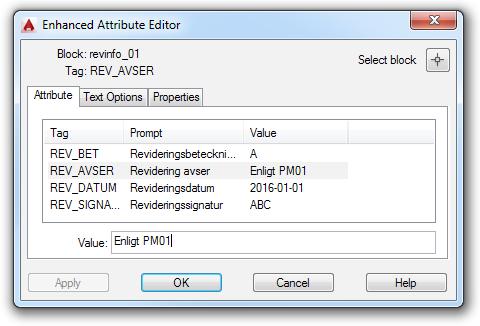 7.6 Revideringsblock revinfo_01.dwg Blocket innehåller texter som läses ut då filerna laddas upp till DROPS med CAD Upload. Informationssamordnare tillhandahåller revideringsblocket som finns i mapp.