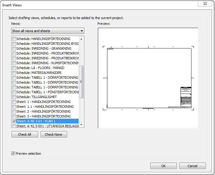 Du får upp en ny dialogruta där du kan välja mellan att importera sheets, vyer, schedules eller drafting views. Välj att sortera på sheets och bocka i de sheets du vill importera. Klicka sedan på ok.
