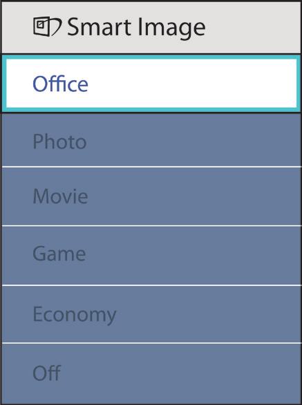 Det finns sex lägen att välja mellan: Office (kontor), Photo (bild), Movie (film),game (spel), Economy (ekonomi) och Off (av). 3.2 SmartContrast: Vad är det?
