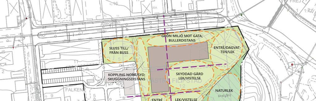 Figur 2. Preliminär situationsplan för skola och skolgård. 2 NYCKELBEGREPP 2.1 BULLER Definitionen av buller, oönskat ljud, beror på typen av ljud, person, plats, situation och varaktighet.