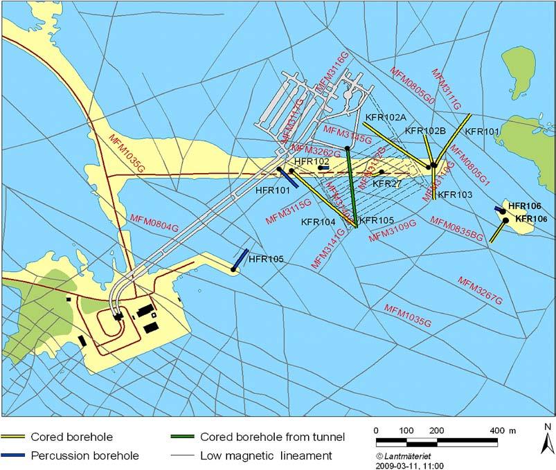 1 Introduction This document reports the interpretations of geophysical borehole measurements gained from the cored boreholes KFR105 and KFR106 and the percussion drilled borehole HFR106, which is