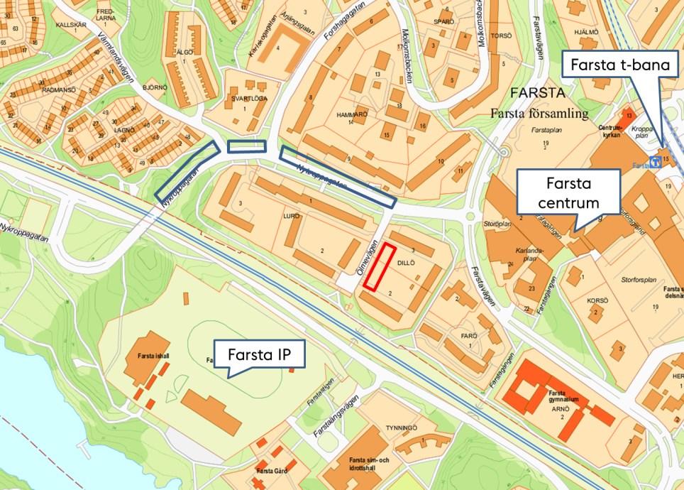 Sida 4 (9) Bild 1. Översiktskarta med markanvisningsområdet utmarkerat med rött. De till AB Familjebostäder och Svenska hem i Bromma tidigare markanvisade områdena är utmarkerade med blått.
