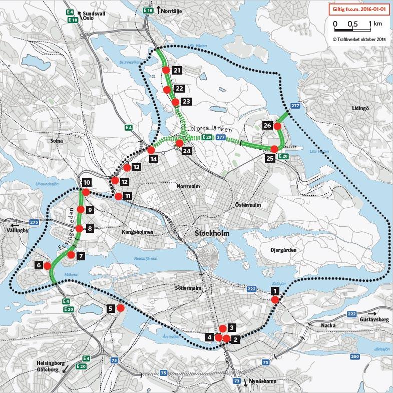 Figur 8. Karta över de betalstationer för trängselskatt som omger Stockholms innerstad. Källa: www.transportstyrelsen.se Under 2018 registrerades totalt 91,9 miljoner passager i Stockholm.
