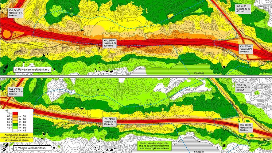 Bild 8. Bullerkartor, prognos 2035. Den övre bilden beskriver medelljudnivån dagtid och den nedre medelljudnivån nattetid.