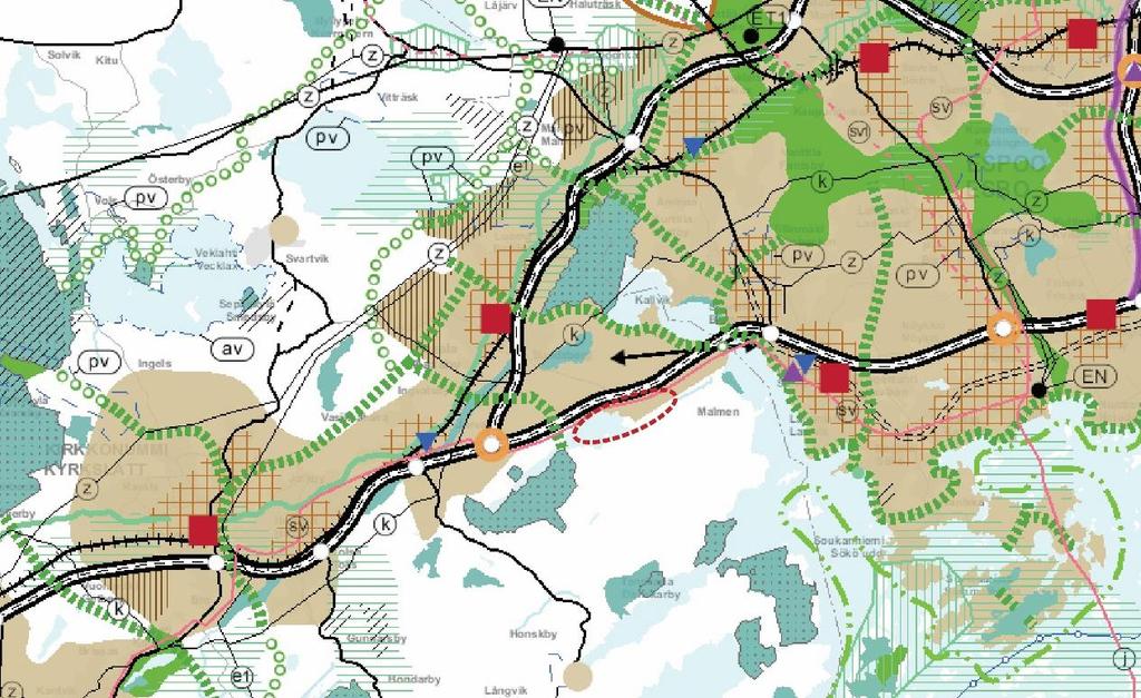 Bild 9. Utdrag ur en kombination av de gällande landskapsplanerna för Nyland. Planeringsområdets läge har märkts ut med en röd streckad linje. Bild: Nylands förbund. Bild 10.