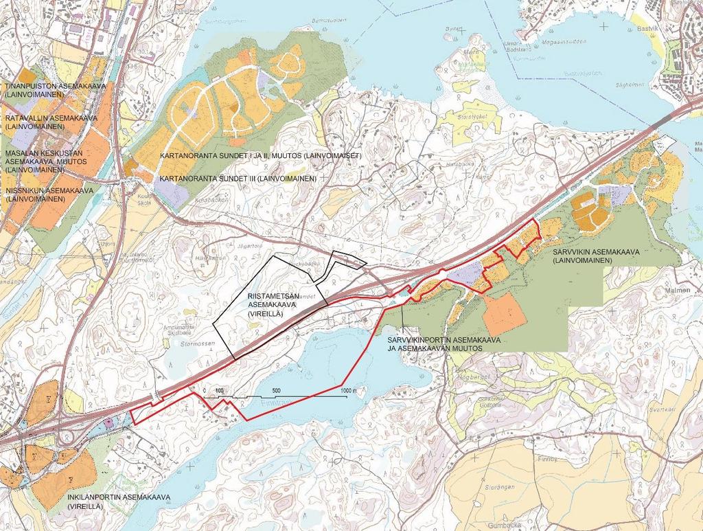 2.3.7 Detaljplaner I planeringsområdets västra del finns ingen gällande detaljplan. I den östra delen omfattar planeringsområdet en del av Sarvviks detaljplan (som vunnit laga kraft 29.9.2005).