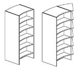 SLIMLINE RADIUS HYLLSYSTEM FANÉR Kompletta förpackningar där en startsektion består av två yttergavlar, 1 hel rygg, konkava och konvexa trähyllplan samt beslag.