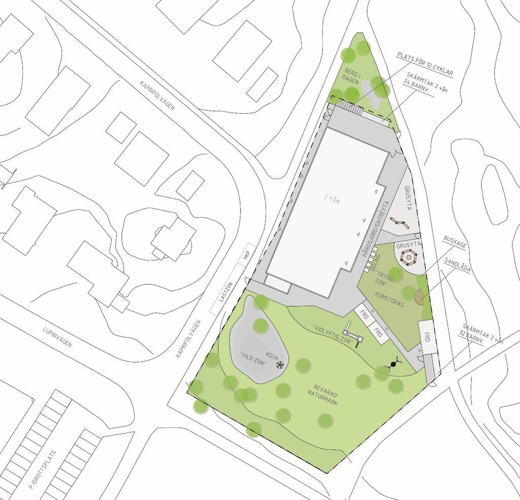 Sida 10 (24) Planförslag Den förskolebyggnad som tidigare låg på platsen totalförstördes i en brand i maj 2015. Aktuellt planförslag ger byggrätt för en större byggnad och en utökad skolgård.