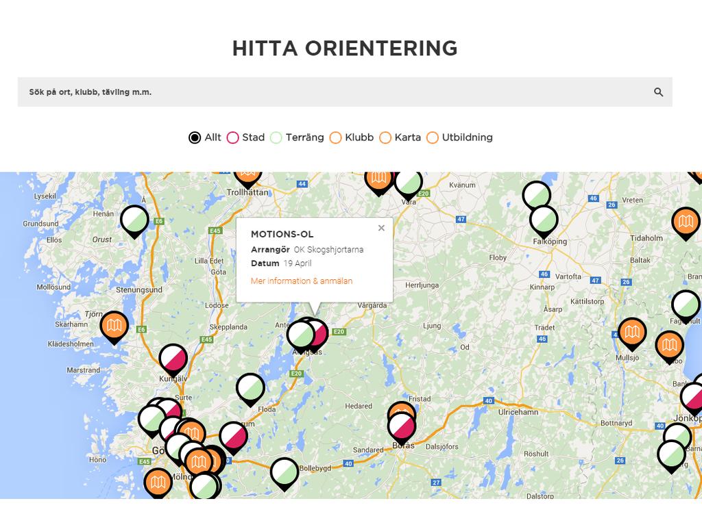 FÖRENINGAR ANVÄNDER BEFINTLIGA SYSTEM Nya webbsajtens hitta orienteringsfunktion hämtar data automatiskt från Eventor, Omaps och Naturpasset föder Kategorisering av aktivitet Arrangemang Eventor