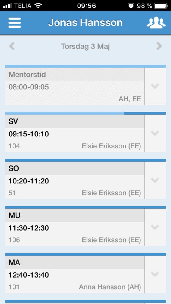 Menyer Schema Artiklar Frånvaroanmälan Om Logga ut Meny Schemainformation Skola24 MobilApp utgår från schemat vilket är appens startvy.