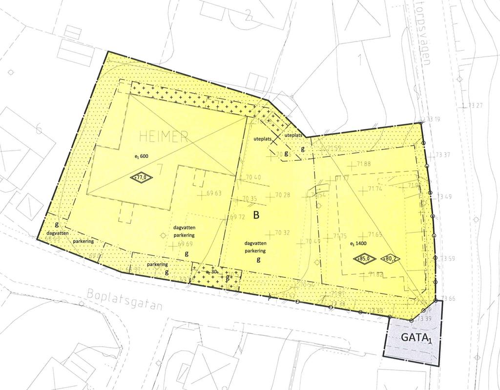 Figur 5 Plankarta, Arbetskopia 2019-02-26 Plankartan visar att yta finns på tre platser för dagvattenhantering med fördröjning och rening.