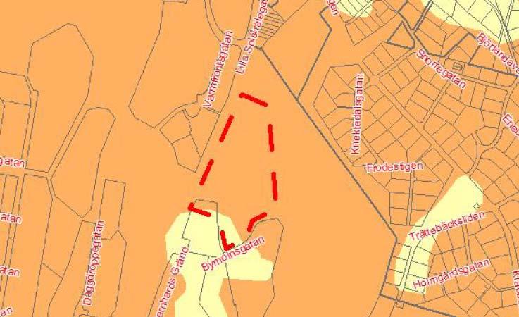 Figur 4. Utdrag ur SGU:s översiktliga radonriskkarta. 10. Planerad byggnation och grundläggning Inom de aktuella planområdena planeras flerbostadshus.