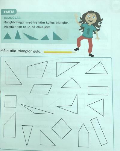 Figur 7. En sida ur Mondo 1b där eleven får lära sig om trianglar och hörn (Brorsson, Å., 2018, sid. 123).