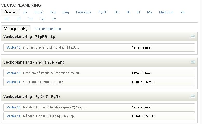 Undervisning Alla planeringar, uppgifter och som lärarna publicerar syns på startsidan