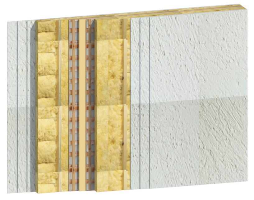OSB skiva, luftspalt, regelstomme c450, glasullsisolering och två stycken brandgipsskivor. Figur 3.7 Skikten och beståndsdelarna av en yttervägg för byggnad 1 (Derome Mark & Bostad, 2018). Figur 3.8 Skikten och beståndsdelarna av en lägenhetsskiljande vägg för byggnad 1.