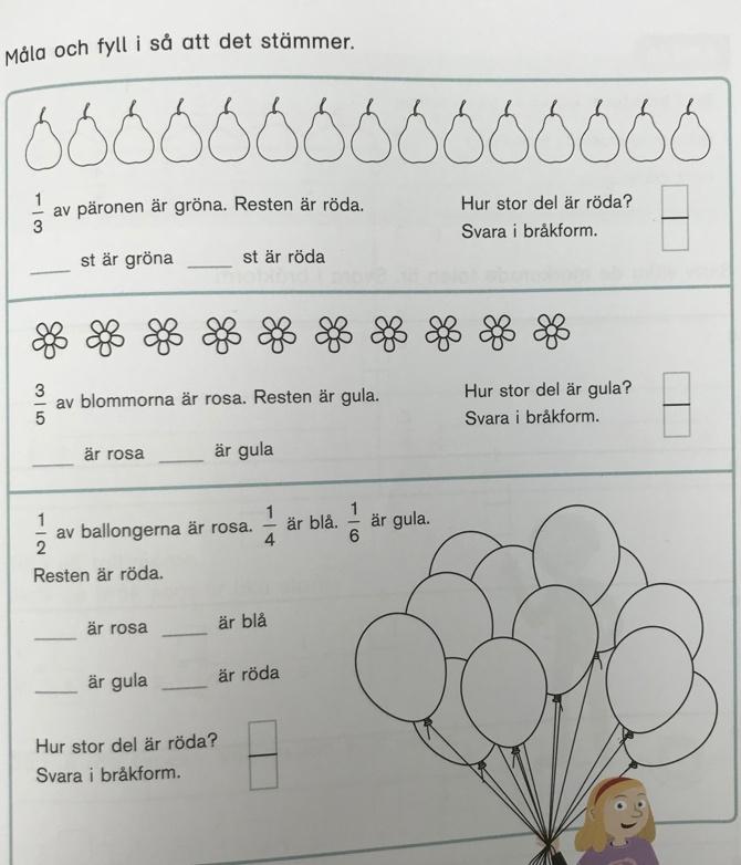 I jämförelse med figur 12, där eleverna ska dela in ett antal i olika stora delar där de också får stöd i form av bild, blir inte uppgiften lika kontextualiserad som i figur 11.