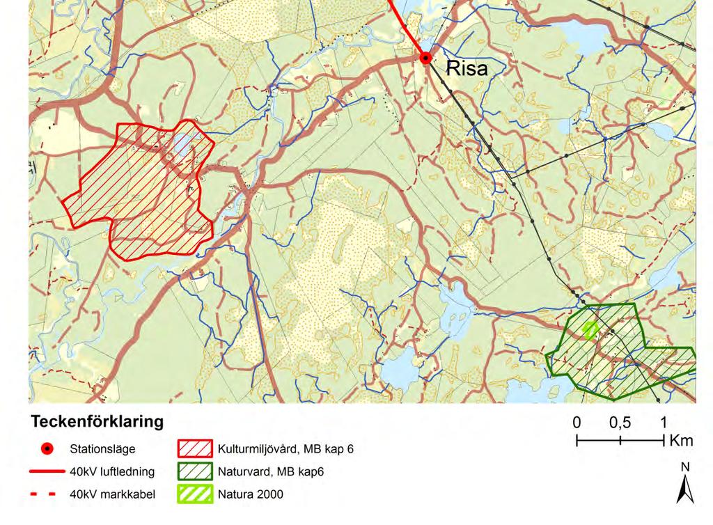 Närmsta Natura 2000-område är beläget ca 6,5 km sydöst om stationen i Risa, se karta i figur 3. Ledningen bedöms således inte påverka varken riksintressen eller Natura 2000-områden.