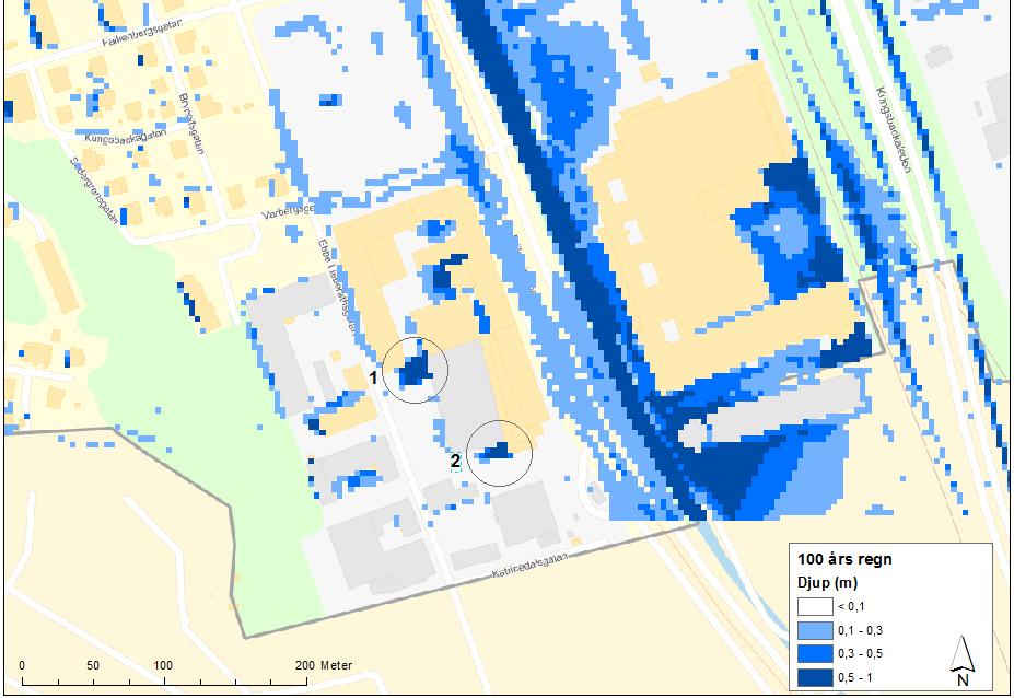 Figur 1- Översvämningsområde vid 100 års regn. Översvämningsområde 2 är orsakad av felaktiga antaganden i skyfallsmodellen och utgör därför inte en verklig risk.