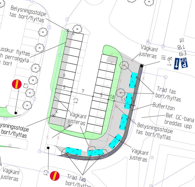 18 TRAFIKUTREDNING NOLTORPSSKOLAN, ALINGSÅS Figur 8 Ny infart med hämta-/lämnazon. Detalj ur ritning T-31-1-009. 3.2.