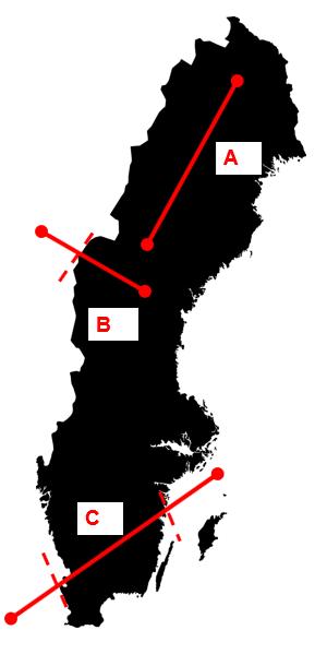internationellt territorialvatten eller i internationellt luftrum vid transporter mellan det svenska fastlandet och Gotland. Transportarbetet vi vill fånga motsvarar sträckorna A, B och C i Figur 3.
