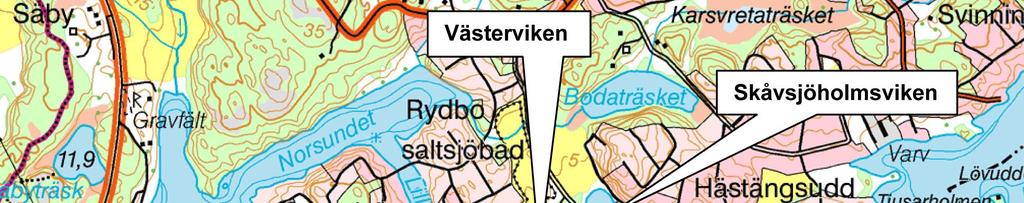 Planområdets läge och närmaste omgivningar. (Ur Konsekvenser för marina miljökvalitetsnormer och naturvärden, Naturvatten i Roslagen, rev. 2015.) 5.