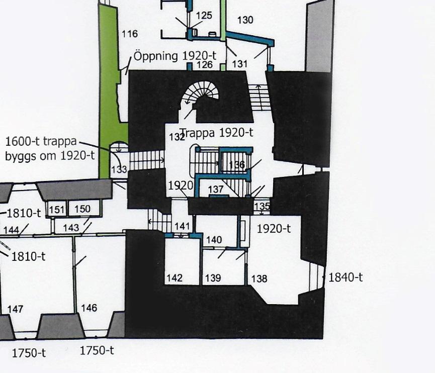 6. Detaljbild av ritning över kärntornet. Rum 138 142 omfattar ombyggnationen.