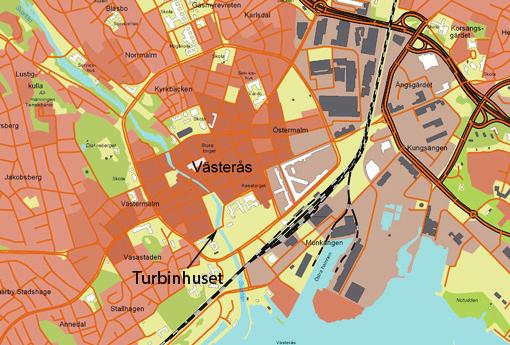 Inledning Turbinhuset, som är en av Sveriges första kraftstationer, ligger i stadsparken intill Svartåns västra sida, centralt i Västerås stad vid Slottsbron mellan Slottet och Konstmuseet.