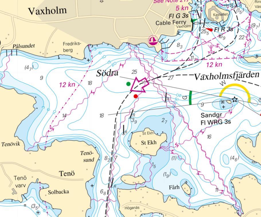 RS 2019:03 vinkel. Djupet på olycksplatsen är ca 17 18 meter och botten består av dy och löst sediment.