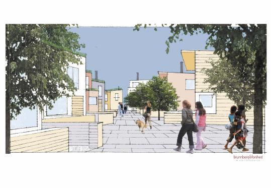 Ovan: Diagonalt stråk mot sydväst, radhus av Folkhem och JM. Flerbostadshuset i fonden av Bostaden AB. Illustration Ludmilla Larsson, Brunnberg & Forshed arkitektkontor.
