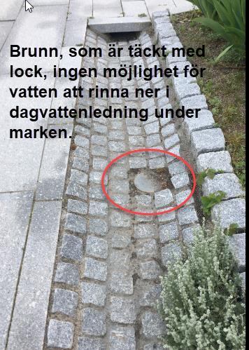 Avrinning av regnvatten, vattnet skall rinna ner i brunnlocken men de är täta eller felaktigt placerade, under