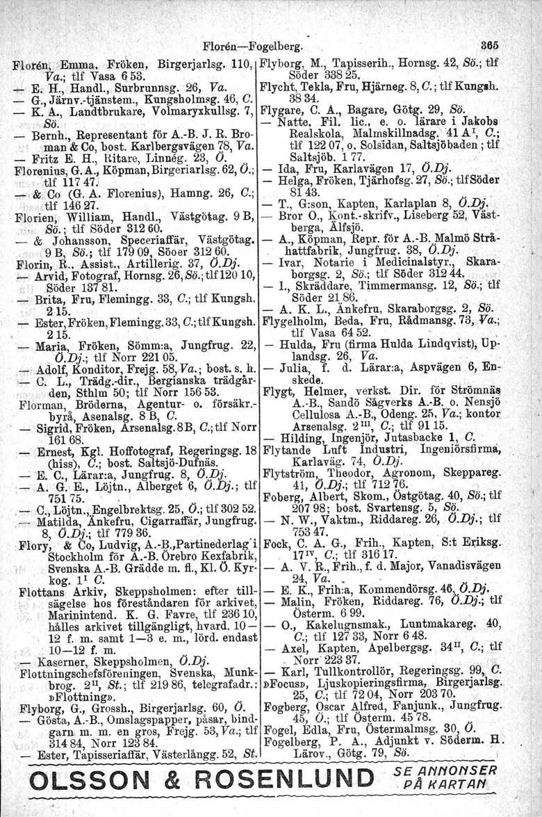 Floren-e-Fogelberg. 361> Floren,.rEllJ,ma. Fröken, Birgerjarlsg. 110, Flyborg, M., Tapisserih., Homsg. 42, Bö.; tlf i Va.; tlf Vasa 653...,.,-E., H., Handl., Surbrunnsg. 26, Va. Söder 33825.