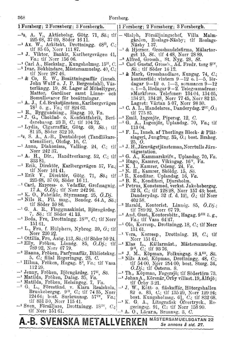 368 Forsberg, lforsberg; 2 Forssberg ; 3 Forsbergh' 11Forsberg; 2 Forssberg ; 3 Forsbergh. _2S, A. V., Aktiebolag, Götg. 71, se; tlf - l.ra1t'h, Försäljnings~?ef, Vil!a Malm- 22568, 3709, Söder 1611.
