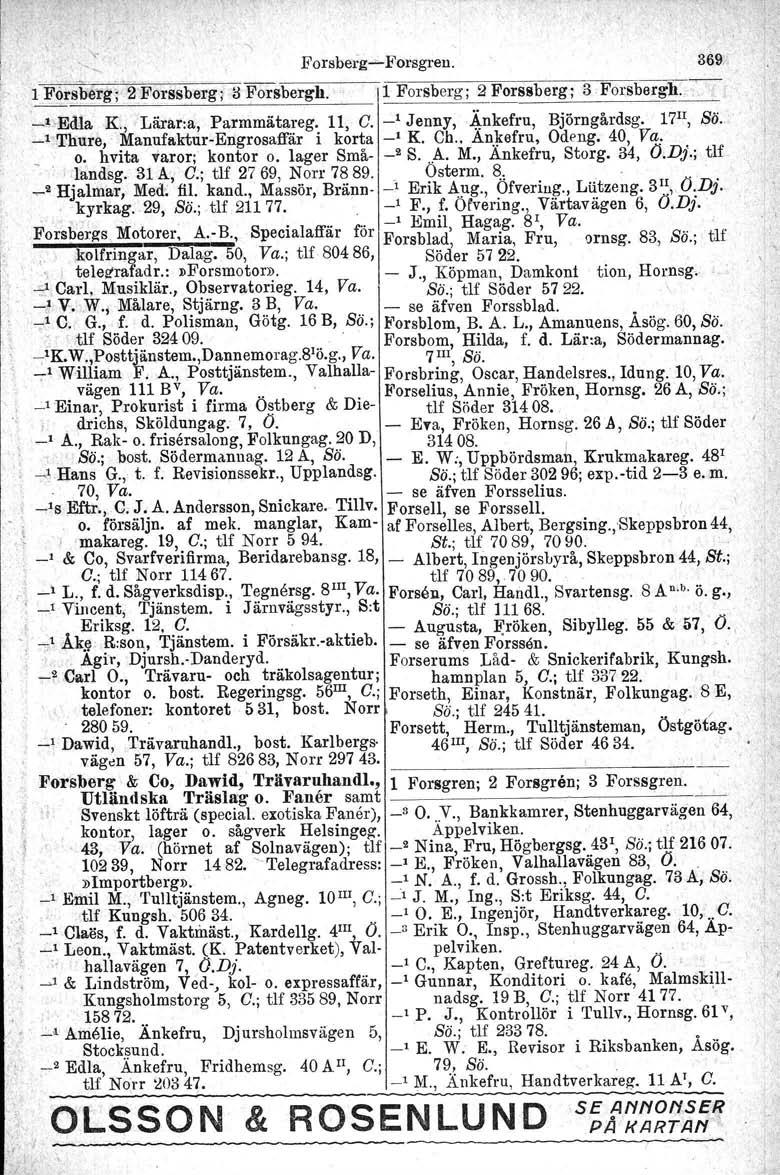 Forsberg...Forsgren. 369 lforsberg~ 2 Forssberg l3 Forsbergh.' 11 Forsberg; 2 Forssberg; 3 Forsbergh. ' _1 E<lia K., Lärar-a, Parmmätareg. 11, C. _1 Jenny,4,nkefru, Björngårdsg. 17 1I, BÖ.