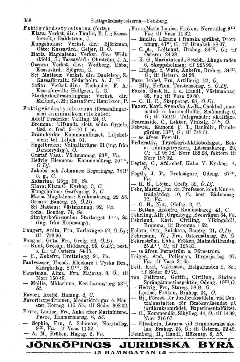358 Fattigvårdsstyrelserna-e- Feinberg. Fattigvårdsstyrelserna (forts.): Favre.Marie Louise, Fröken, Norrtullsg.S IH, Klara: Verk st. dir.: Thulin, E. L.; Kassa- Va.; tlf Vasa 1132. förvalt.