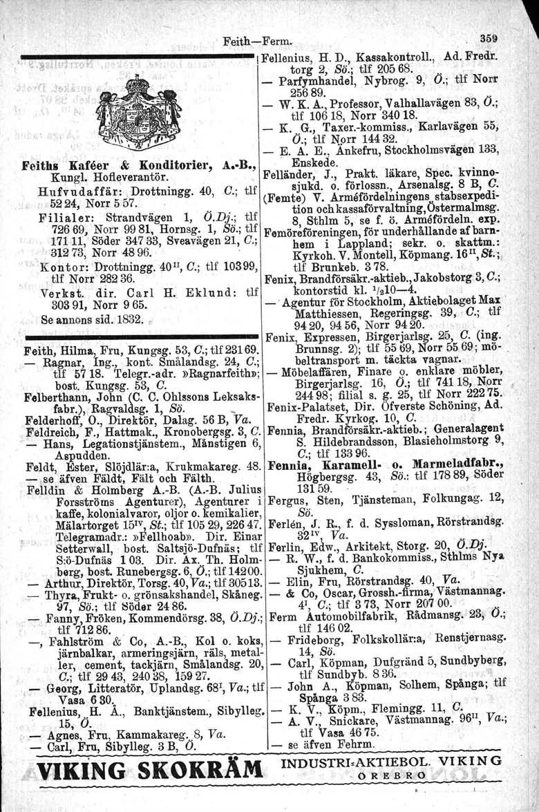 , Feith-Ferm. 35~,-.- ------------- IFellenius, H. D., Kassakontroll., Ad. Fred~. torg 2, Sö.; tlf 20568.. ' _ Parfymhandel. Nybrog. 9, Ö.; tlf Norr,",' 25689. " - W. K. A Ä Professor, Valhallavägen 83, Ö.