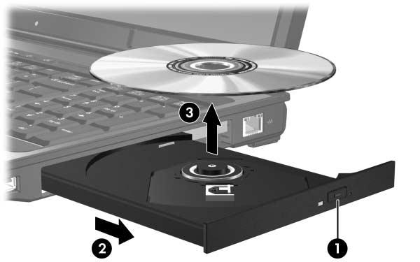 Ta ut en optisk skiva (med ström) Om datorn drivs med extern ström eller på batteri: 1. Sätt på datorn. 2.
