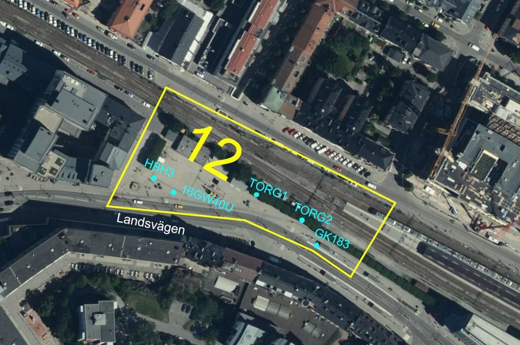3.12 Delområde 12 Delområde 12 ligger strax söder om järnvägsgatan, norr om en Landsvägen. Delområdet innefattar Sundbybergs torg och delar järnvägen norr om torget, se Figur 13.