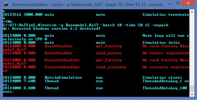 4.2.5 Att köra RuTSim RuTSim, eller rättare sagt RuTSim 2.0 som är den version som används i studien, har inget grafiskt användargränssnitt utan körs via kommandotolken (CMD) i Windows (se Figur 25).