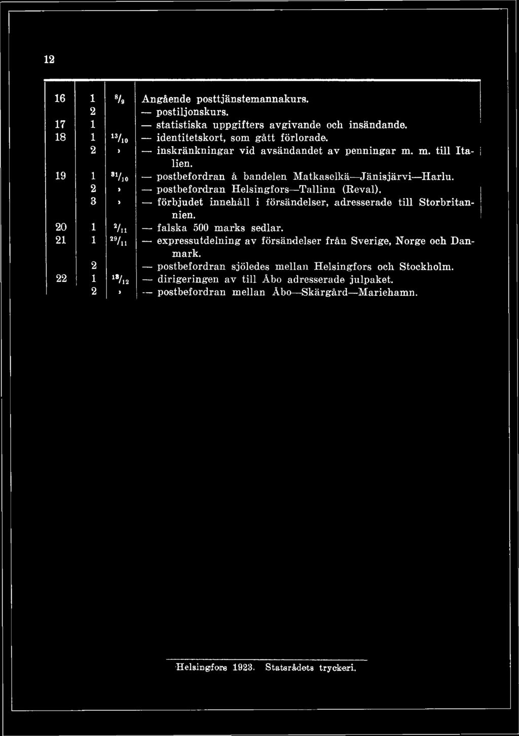 19 1 81Ao postbefordran å bandelen M atkaselkä Jän isjärvi Harlu. 2 > postbefordran H elsingfors Tallinn (Reval).