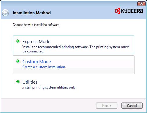 Custom Mode Använd Custom Mode för att specificera skrivarporten och välja vilken mjukvara som ska installeras. Om du t.ex.