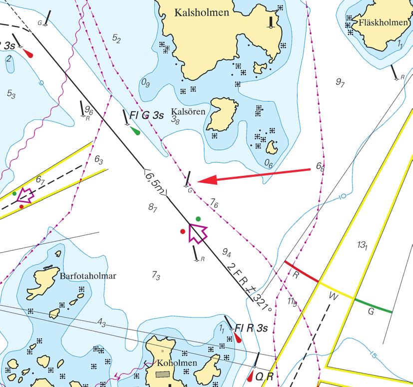 13 Södra Östersjön / Southern Baltic * 8041 Sjökort/Chart: 7411, 7413 Sverige. Södra Östersjön. Karlskrona. Prick flyttad. Styrbordspricken S om ön Kalsören har flyttats ca 35 meter åt NNO.