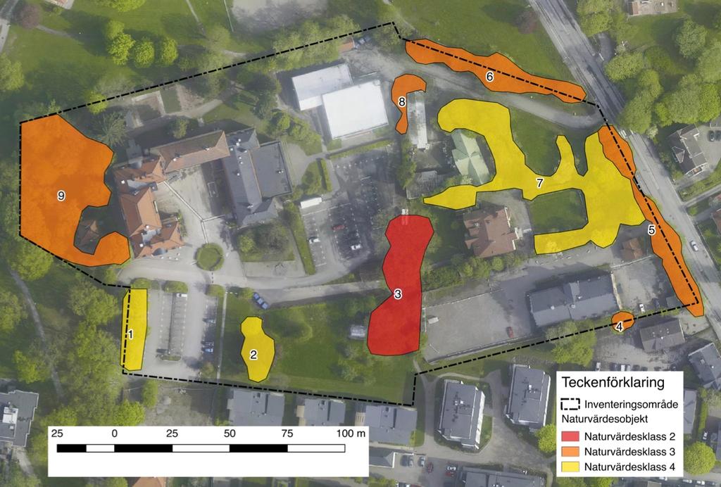 Figur 2. Inventeringsområde och identifierade naturvärdesobjekt med objektsnummer. Avgränsningen följer till stora delar trädkronorna varför vissa objekt delvis hamnar utanför inventeringsområdet.