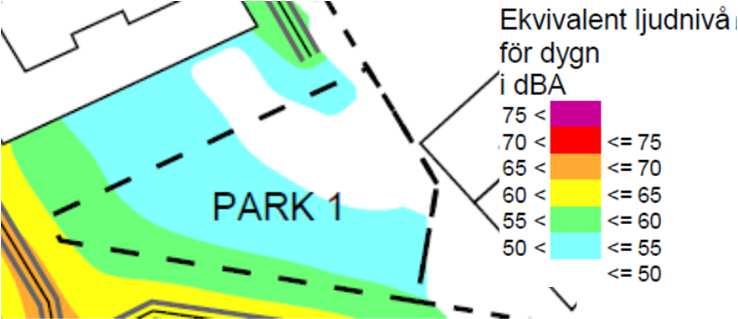 Park 1 får 5-55 dba ekvivalent ljudnivå och under 7 dba maximal ljudnivå på merparten av ytan och bedömningen är att bullerskydd inte