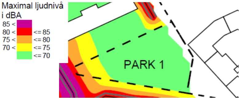 Figur 9 Ekvivalent respektive maximal ljudnivå vid park 1 Park 2 får 5-55 dba ekvivalent ljudnivå och under 7 dba maximal ljudnivå på