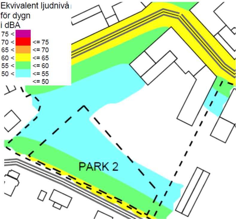 Om under 5 eller 55 dba ekvivalent ljudnivå och 7 dba maximal ljudnivå eftersträvas på hela eller merparten av park 2 behövs